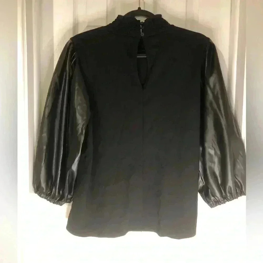 Black Mock Neck Bishop Sleeve Blouse - Picture 3 of 13